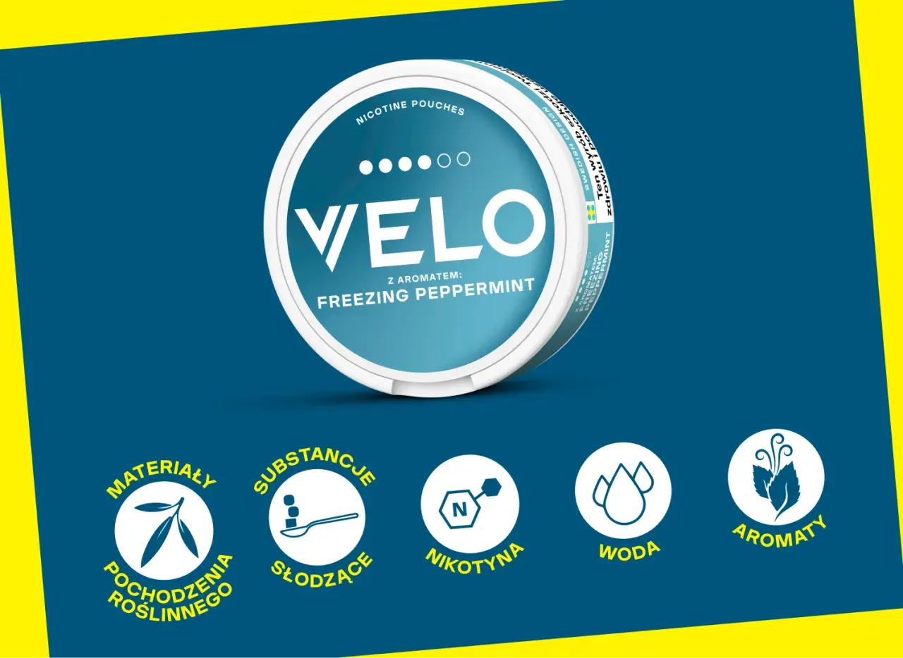 Pudełko Velo z aromatem Freezing Peppermint. Co to znaczy Velo? To nowoczesne woreczki nikotynowe z roślinnych materiałów, słodzące, z nikotyną i wodą.