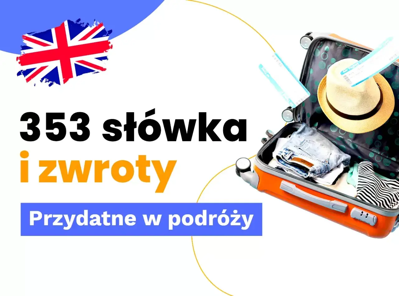 353 słówka i zwroty przydatne w podróży. Otwarta walizka z ubraniami, kapeluszem i biletami lotniczymi. Brytyjska flaga.