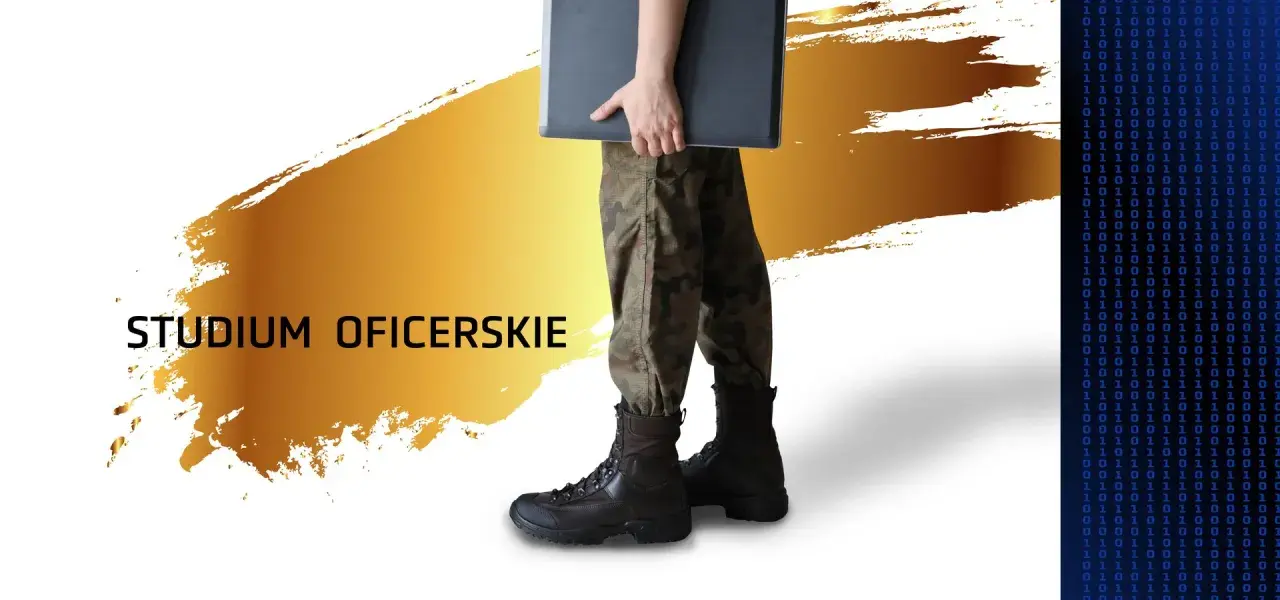 Osoba w mundurze wojskowym z teczką, tekst "Studium Oficerskie". Dowiedz się, jak zostać oficerem wojska po studiach cywilnych.