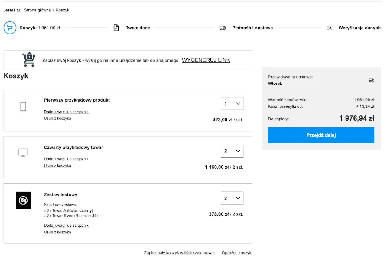 Koszyk zawiera trzy produkty: pierwszy przykładowy produkt, czwarty przykładowy towar i zestaw testowy.