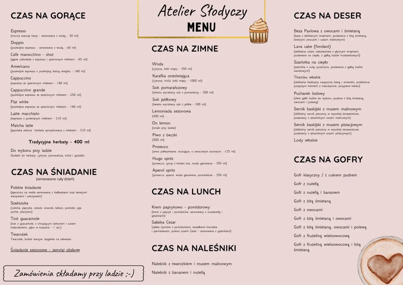 Menu kawiarni "Atelier Słodyczy" z napojami, deserami, śniadaniami i naleśnikami.