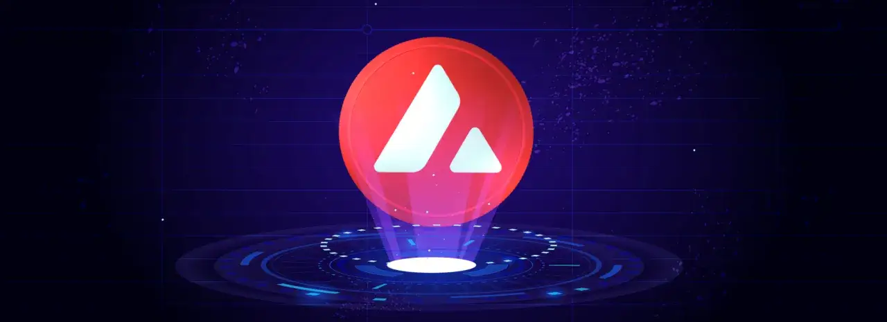 Czerwony symbol Avalanche, przypominający górę, unosi się nad futurystyczną platformą. To wizualizacja potęgi i innowacji, jak lawina postępu w świecie kryptowalut.