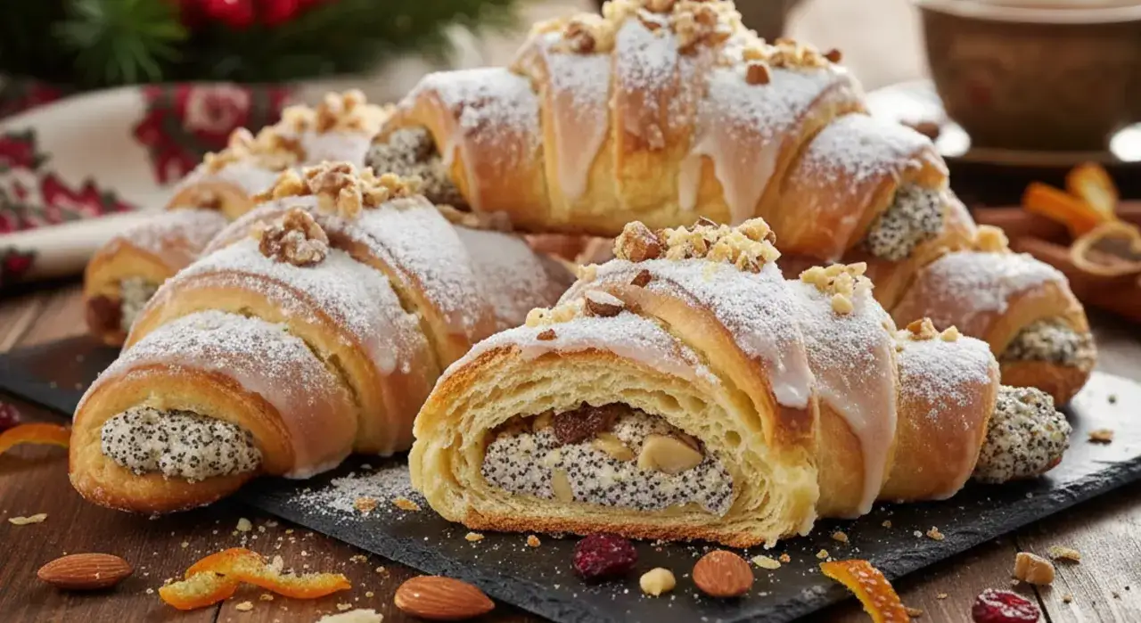 Pyszne rogaliki z makiem i orzechami, posypane cukrem pudrem i lukrem. Idealne na świąteczne śniadanie, smakują jak rogalik po angielsku.