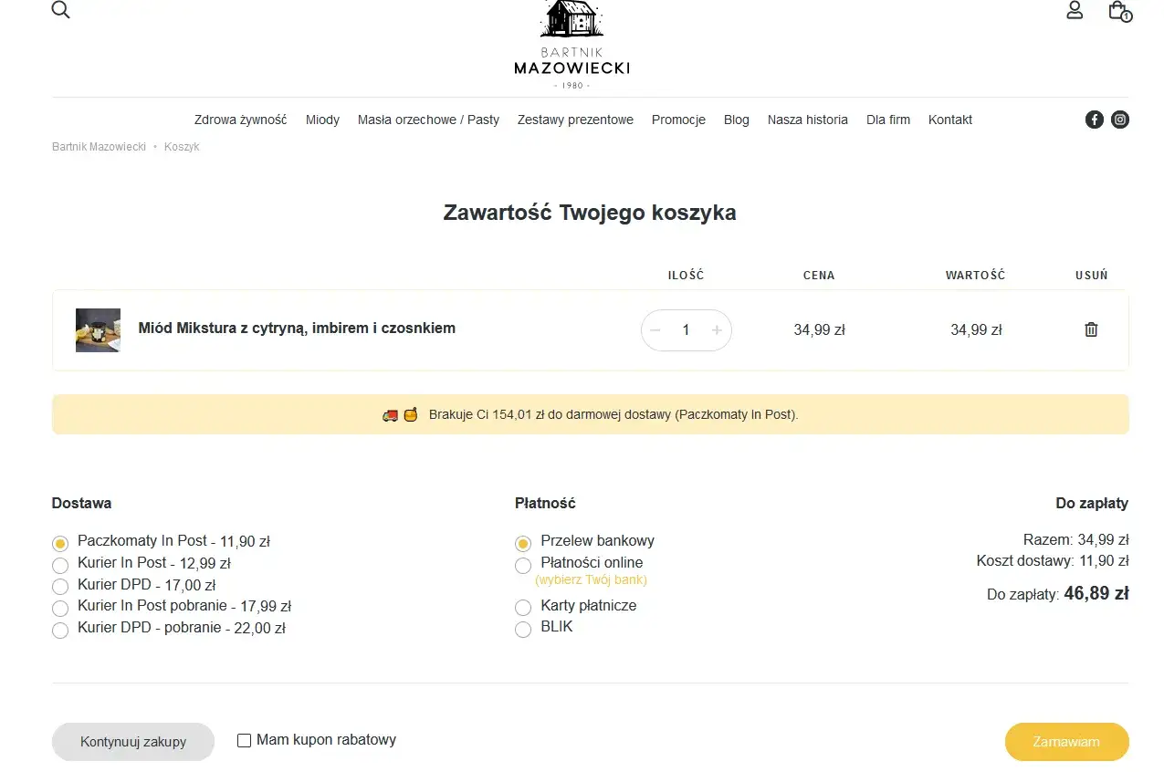 Zawartość Twojego koszyka: Miody z cytryną, imbirem i czosnkiem. Do zapłaty 46,89 zł.