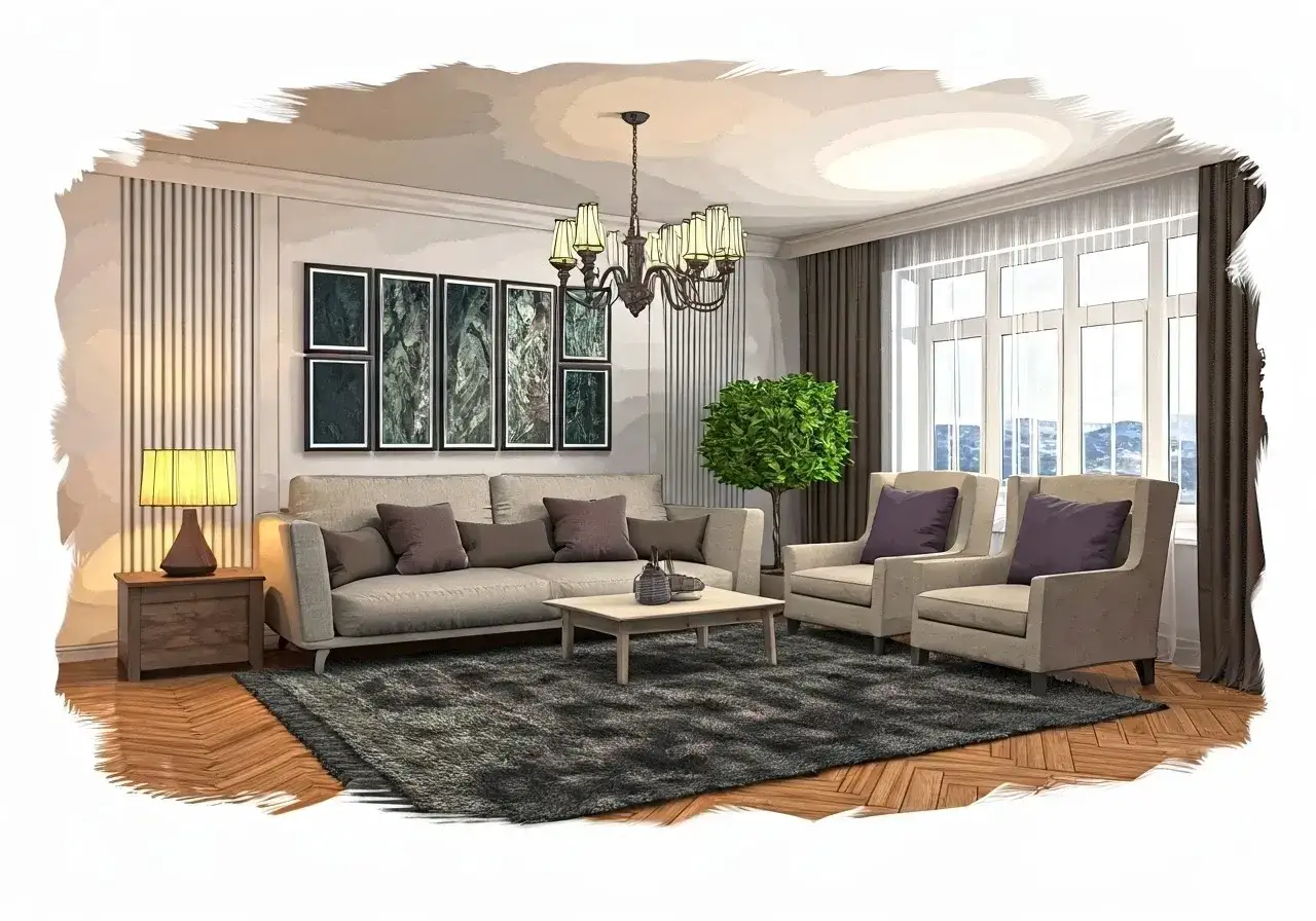 Przytulny living room z kanapą, fotelami i stolikiem kawowym. Obrazy na ścianie i lampa dodają elegancji.