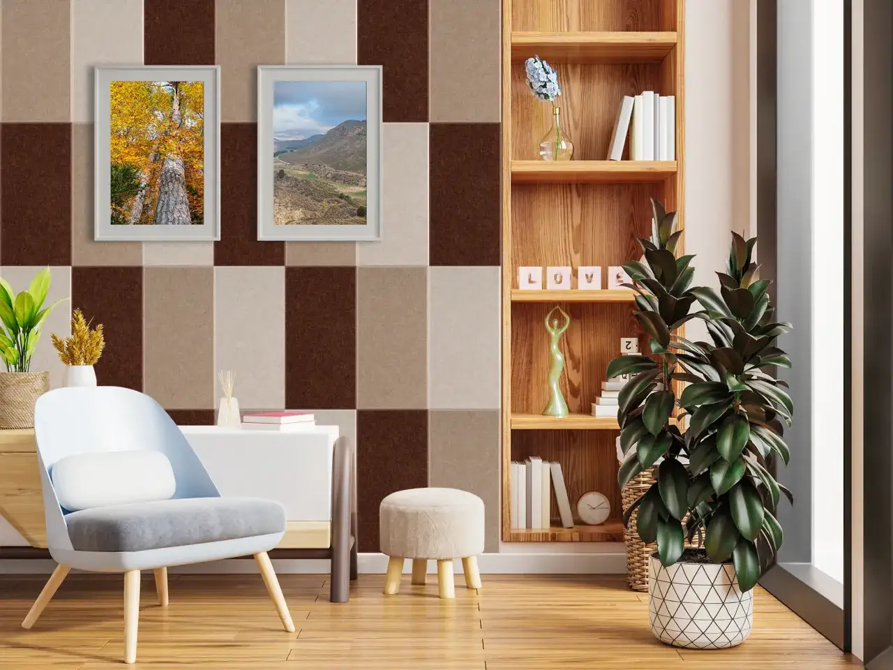 Przytulny living room z fotelem, regałem i roślinami. Tłumaczenie tego wnętrza na polski to po prostu