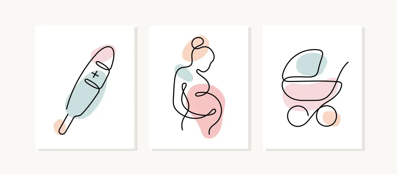 Trzy minimalistyczne grafiki: termometr, ciężarna kobieta i wózek dziecięcy. Symbolizują drogę do rodzicielstwa, od poczęcia po narodziny.