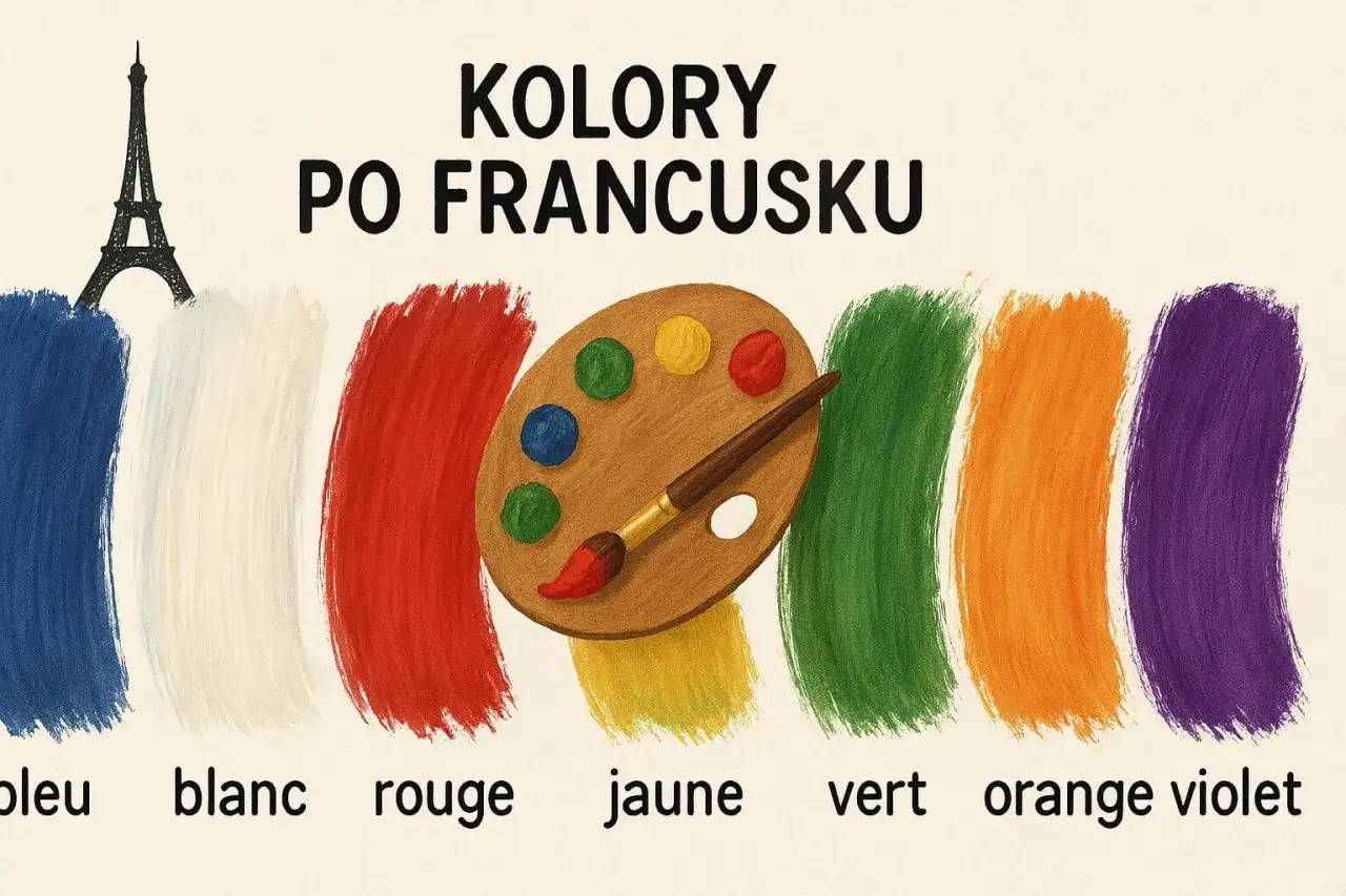 Wieża Eiffla i paleta artysty prezentują kolory po francusku: bleu, blanc, rouge, jaune, vert, orange, violet.