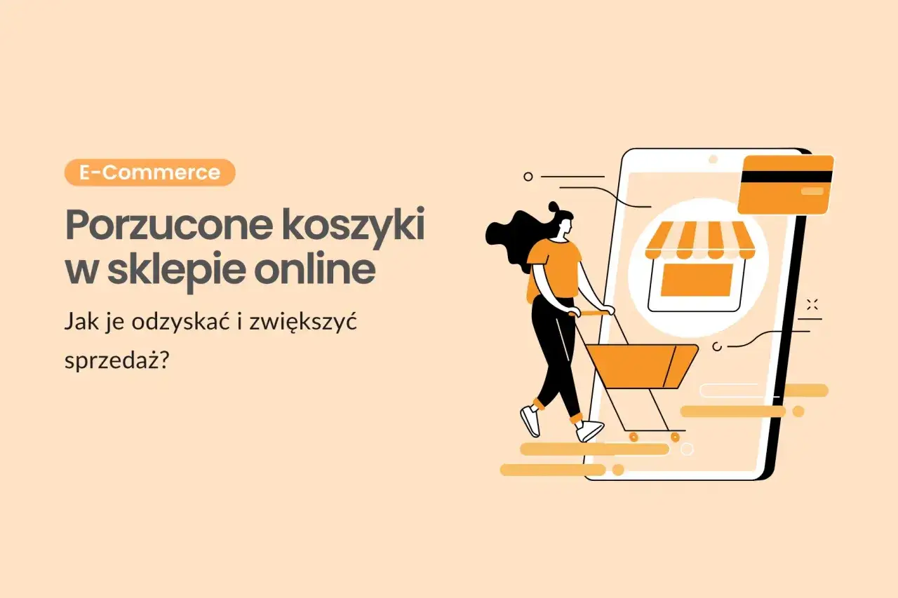 Kobieta z koszykiem na zakupy przed ekranem smartfona z ikoną sklepu. Ilustracja o e-commerce i porzuconych koszykach.