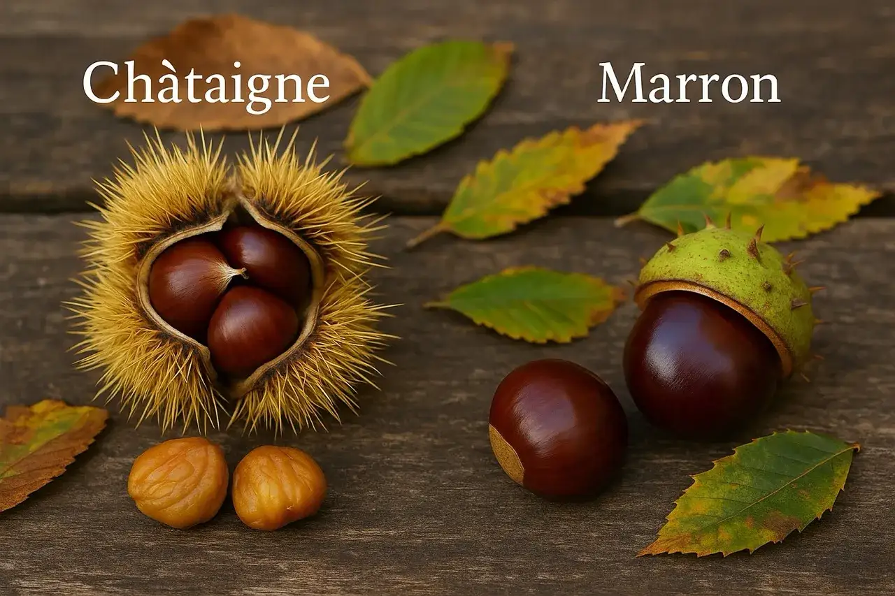 Kasztan po francusku, czyli chàtaigne, w jeżynowej łupinie. Obok marron, czyli kasztanowiec.