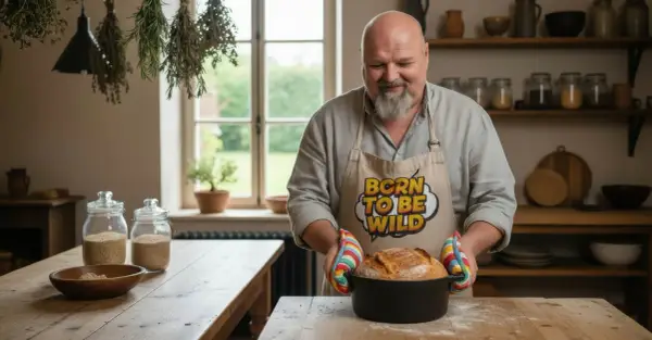 Szef kuchni z fartuchem "Born to be wild" wyjmuje świeży chleb z garnka. To kwintesencja dobrej cuisine!