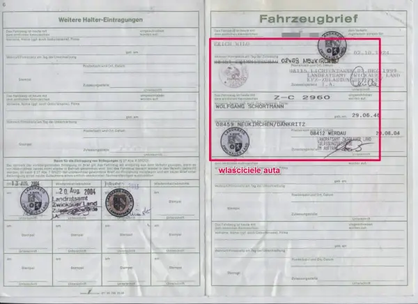 Niemiecki numer VIN na dokumencie Fahrzeugbrief. Widoczne wpisy dotyczące właścicieli i daty.