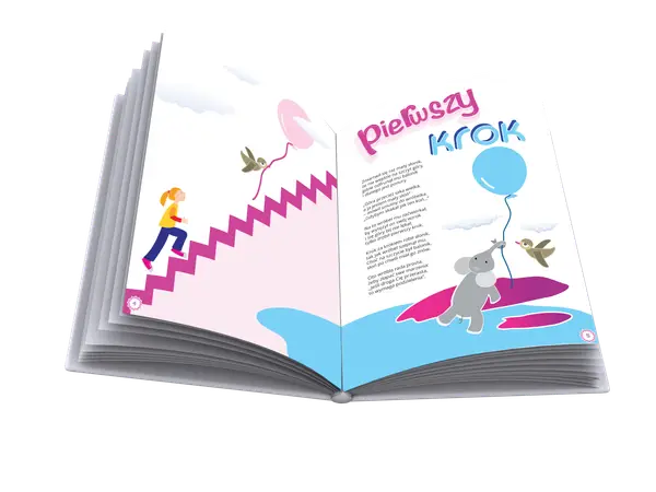 Otwarta książka z ilustracją dziewczynki wchodzącej po schodach i słonika z balonikiem. Wiersz "Pierwszy krok" wprowadza w świat dziecięcej wyobraźni.